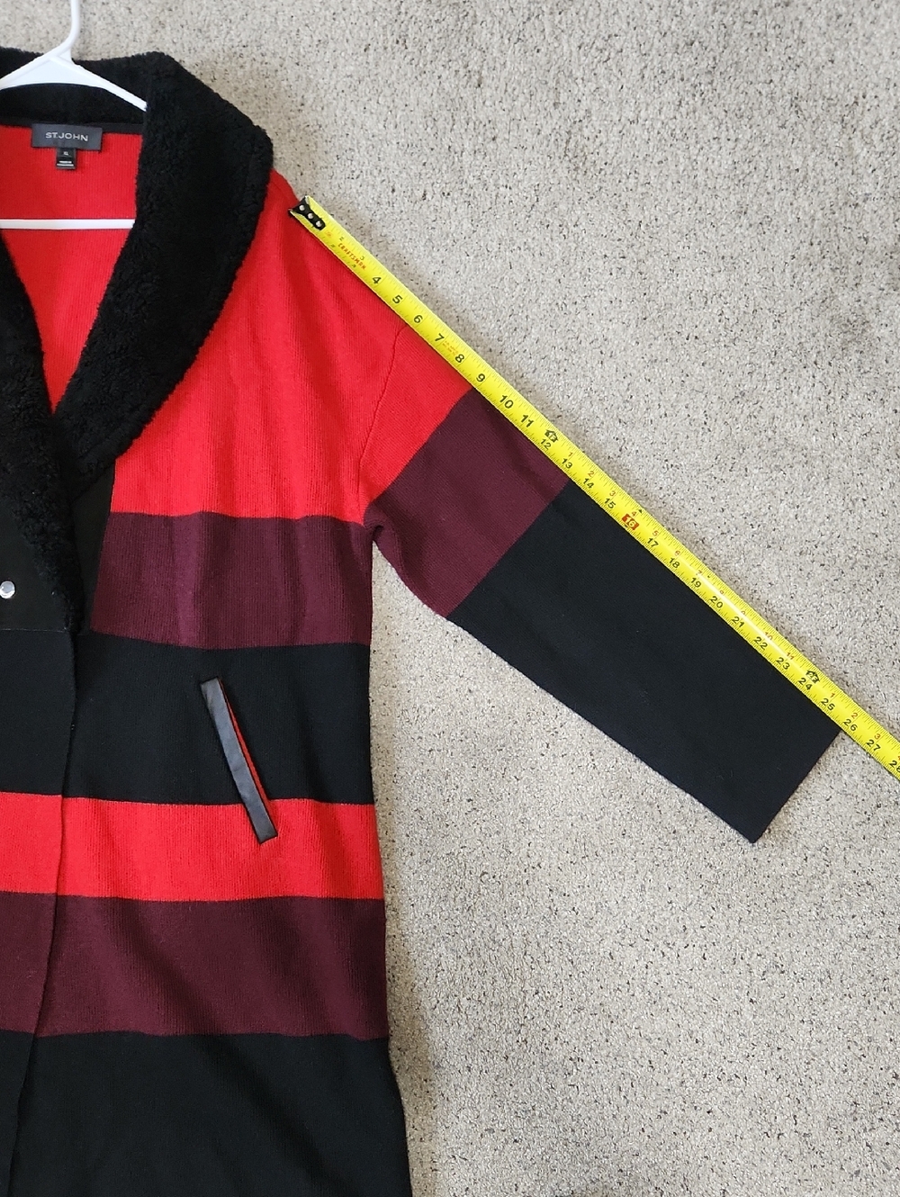 St. John Red/Black Wool Striped Sweater Jacket Fur Collar Size XL - Picture 11 of 13